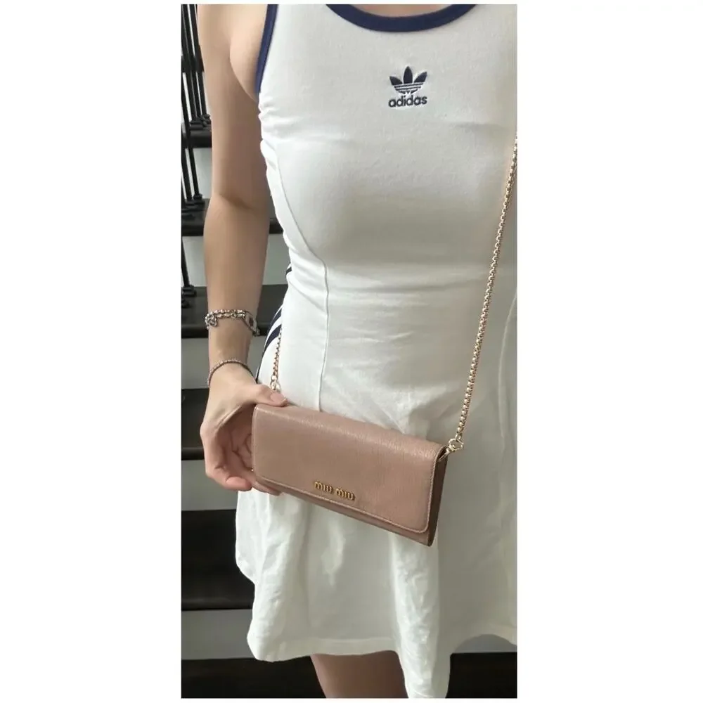 Authentic Miu Miu Beige Leather Wallet on Chain Gold Logo Crossbody - Picture 2 of 16